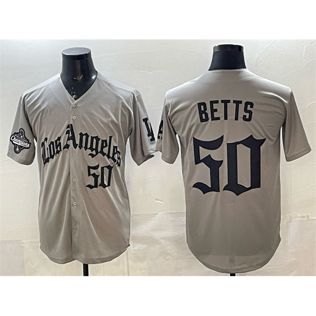 Carri Los Angeles Dodgers #50 Mookie Betts Grey  LA Gothic Style With 2025 World Series Champions Patch Limited Stitched Jersey