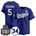Carri Los Angeles Dodgers #5 Freddie Freeman Royal  2024 World Series With No. 34 Patch Cool Base Stitched Jersey