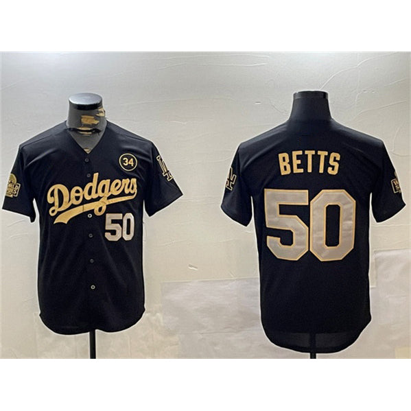 Carri Los Angeles Dodgers #50 Mookie Betts Black Gold  2024 World Series With No. 34 Patch Limited Stitched Jersey