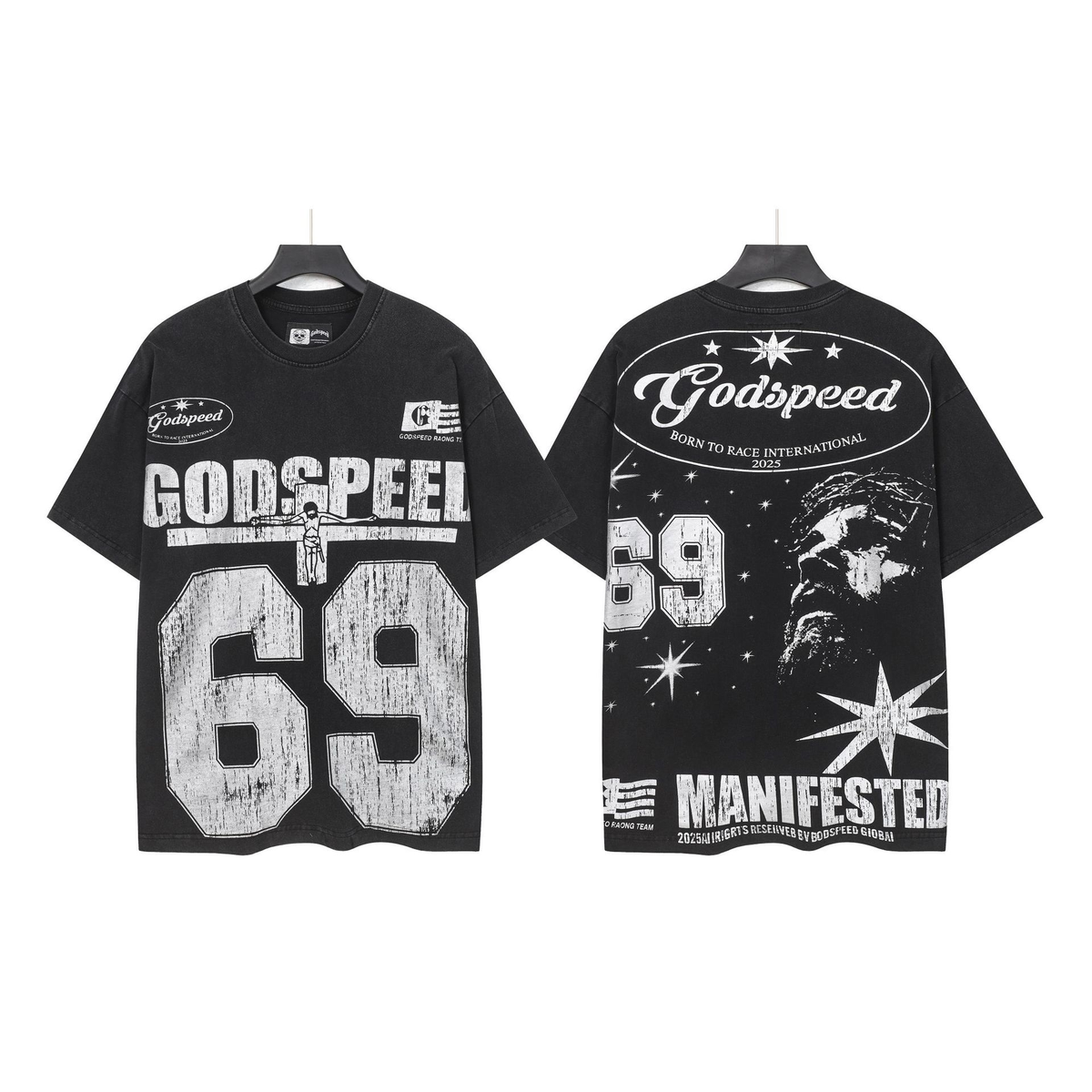 Carri Fashion God Style Hip-Hop West Coast Graffiti Unisex Loose High-Definition Print Cotton T-Shirt