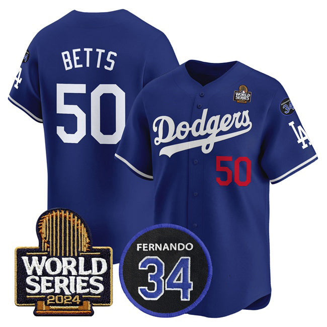 Carri Los Angeles Dodgers #50 Mookie Betts Royal  2024 World Series With Fernando Memorial Patch Limited Stitched Jersey
