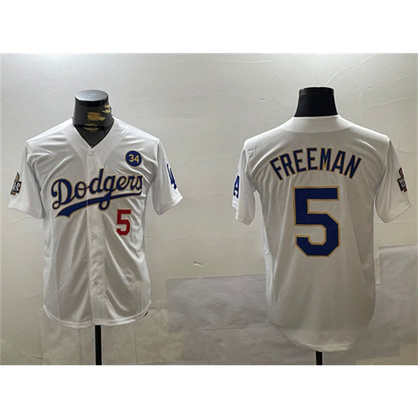 Carri Los Angeles Dodgers #5 Freddie Freeman White Gold  2024 World Series With No. 34 Patch Home Limited Stitched Jersey