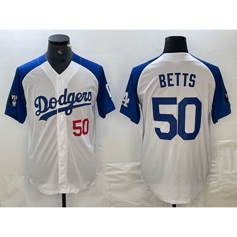 Carri Los Angeles Dodgers #50 Mookie Betts Number White Blue  Fashion Stitched Cool Base Limited Jerseys