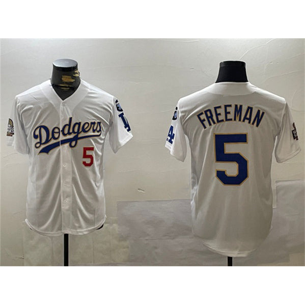Carri Los Angeles Dodgers #5 Freddie Freeman White Gold  2024 World Series With Fernando Memorial Patch Home Limited Stitched Jersey