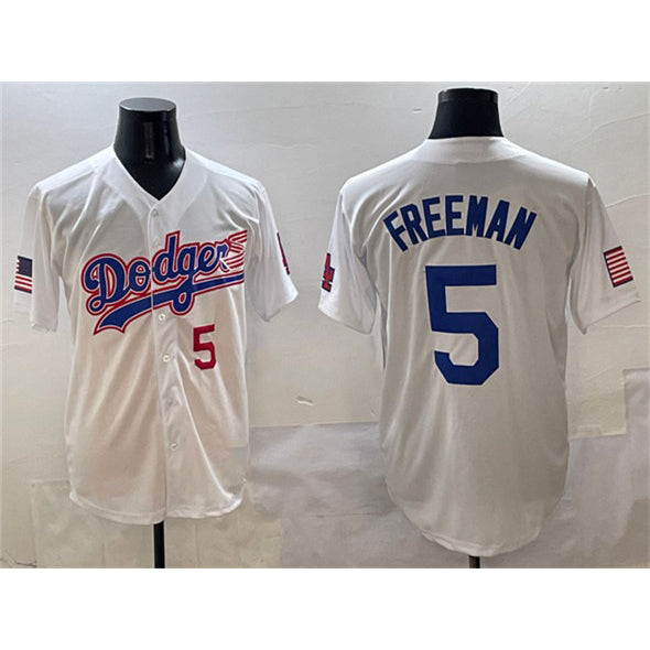 Carri Los Angeles Dodgers #5 Freddie Freeman White  With American Flag Patch Limited Stitched Jersey