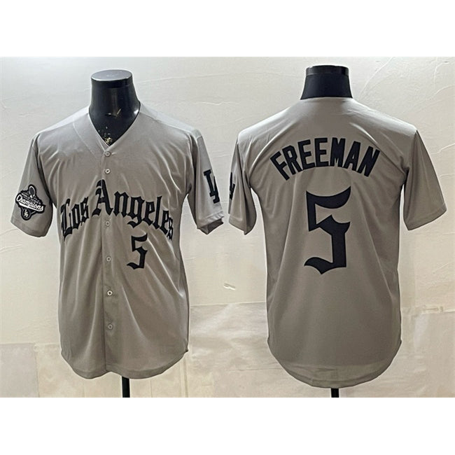 Carri Los Angeles Dodgers #5 Freddie Freeman Grey  LA Gothic Style With 2025 World Series Champions Patch Limited Stitched Jersey