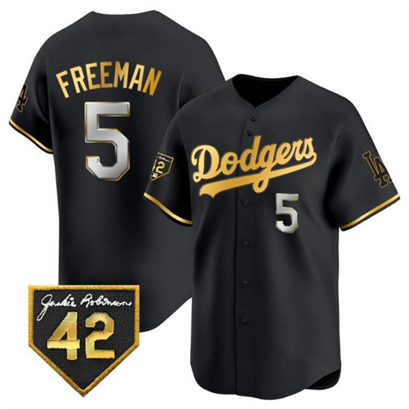 Carri Los Angeles Dodgers #5 Freddie Freeman Black Gold  With Jackie Robinson Patch Limited Stitched Jersey