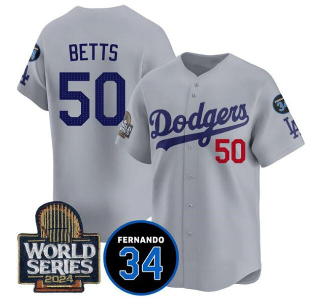 Carri Los Angeles Dodgers #50 Mookie Betts Grey  2024 World Series With Fernando Memorial Patch Limited Stitched Jersey