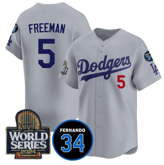 Carri Los Angeles Dodgers #5 Freddie Freeman Grey  2024 World Series With Fernando Memorial Patch Limited Stitched Jersey