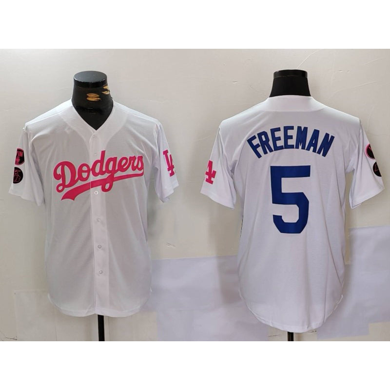 Carri Los Angeles Dodgers #5 Freddie Freeman White Pink  Vin & Kobe Patch Stitched Jersey 2