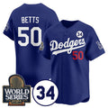 Carri Los Angeles Dodgers #50 Mookie Betts Royal  2024 World Series With No. 34 Patch Cool Base Stitched Jersey