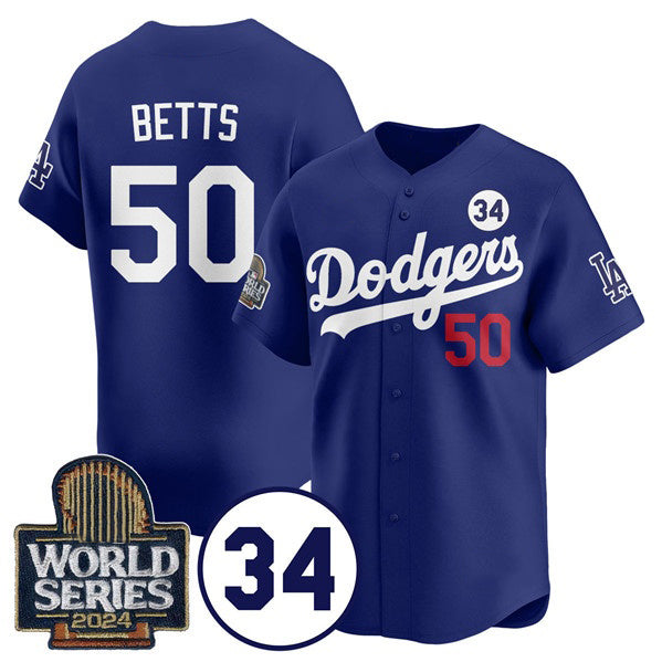 Carri Los Angeles Dodgers #50 Mookie Betts Royal  2024 World Series With No. 34 Patch Cool Base Stitched Jersey