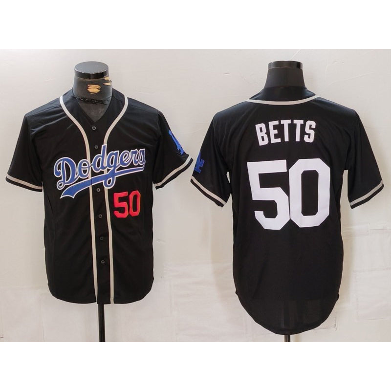 Carri Los Angeles Dodgers #50 Mookie Betts Number Black  White Cool Base Stitched Jersey 2