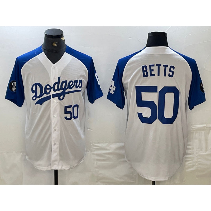 Carri Los Angeles Dodgers #50 Mookie Betts Number White Blue  Fashion Stitched Cool Base Limited Jersey 2