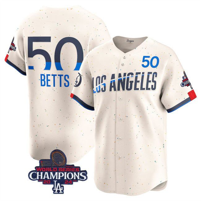 Carri Los Angeles Dodgers #50 Mookie Betts Cream  2024 World Series Champions City Connect Limited Stitched Jersey