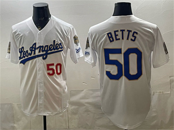 Carri Los Angeles Dodgers #50 Mookie Betts White  2026 Gold Collection 9x & B2B Champs Patch Stitched Jersey
