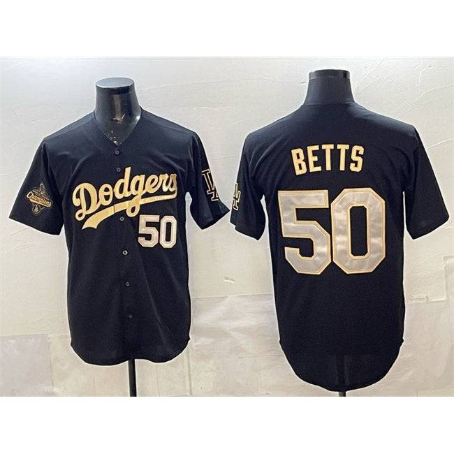 Carri Los Angeles Dodgers #50 Mookie Betts Black Gold  2025 World Series Champions Patch Limited Stitched Jersey