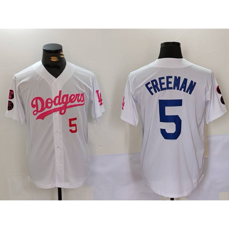 Carri Los Angeles Dodgers #5 Freddie Freeman White Pink  Vin & Kobe Patch Stitched Jerseys