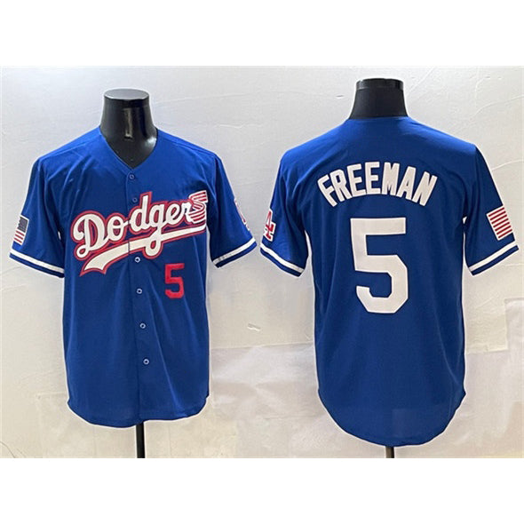 Carri Los Angeles Dodgers #5 Freddie Freeman Royal  With American Flag Patch Limited Stitched Jersey